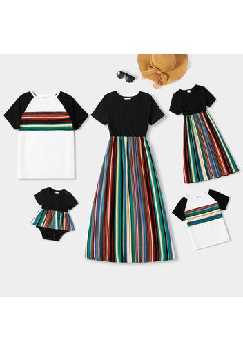 Family Matching Solid Short-sleeve Splicing Multi-color Striped Dresses and Cotton T-shirts Sets