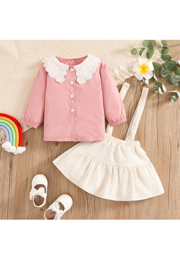 100% Cotton 2pcs Baby Girl Solid Doll Collar Button Long-sleeve Top and Crepe Suspender Skort Set