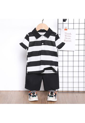 2pcs Toddler Boy Stripe Short-sleeve Polo Shirt and Black Shorts Set