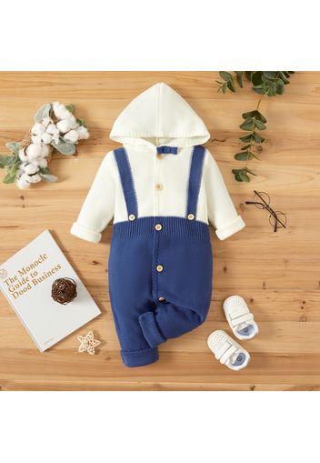 Baby Boy Colorblock Button Down Long-sleeve Hooded Knitted Jumpsuit