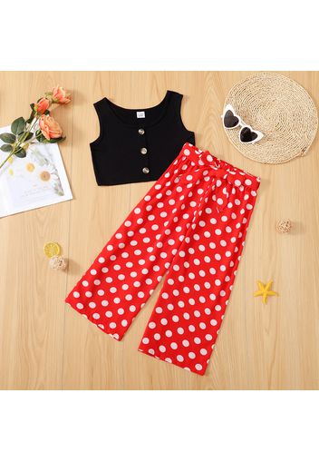 2-piece Kid Girl Button Design Tank Top and Polka dots Belted Ankle Pants Set