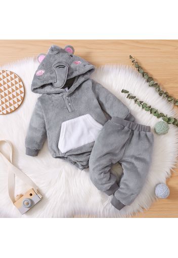 2pcs Baby Boy/Girl Elephant Pattern Thickened Fuzzy Fleece Long-sleeve Hooded Romper and Trousers Set