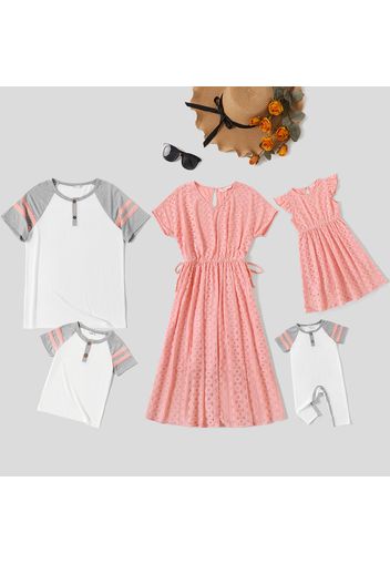 Family Matching Pink Textured V Neck Short-sleeve Dresses and Raglan-sleeve T-shirts Sets