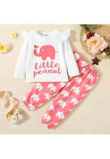 2-piece Toddler Girl Ruffled Letter Elephant Print Long-sleeve White Top and Pink Pants Set