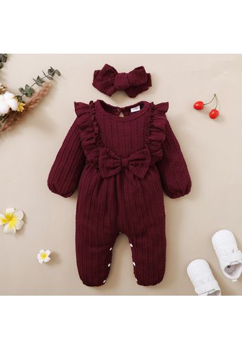 2pcs Baby Solid Ruffle Bowknot Long-sleeve Cotton Jumpsuit Set