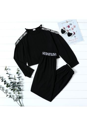 2-piece Kid Girl Letter Print Cold Shoulder Long-sleeve Black Top and Elasticized Pants Set