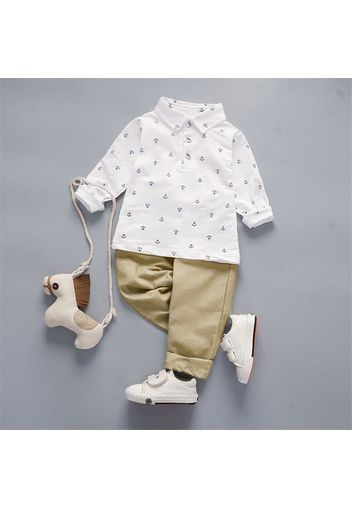 Casual Polo Collar Anchor Patterned Top and Solid Pants Set for Toddler Boy