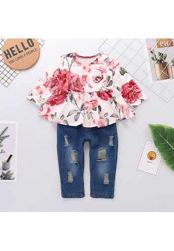 2pcs Floral Print Ruffle Decor Long-sleeve Baby Set