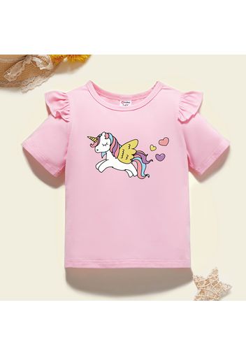 Toddler Girl Graphic Unicorn and Heart Print Ruffled Short-sleeve Tee