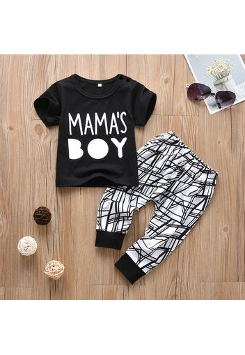 2pcs Letter and Geometric Print Short-sleeve Black Baby Set