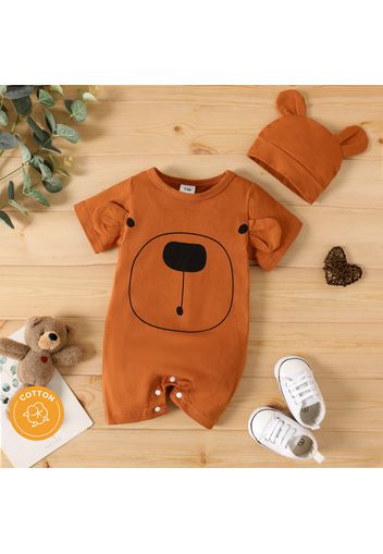 2pcs Baby Boy/Girl 95% Cotton Short-sleeve Cartoon Bear Print 3D Ears Romper with Hat Set