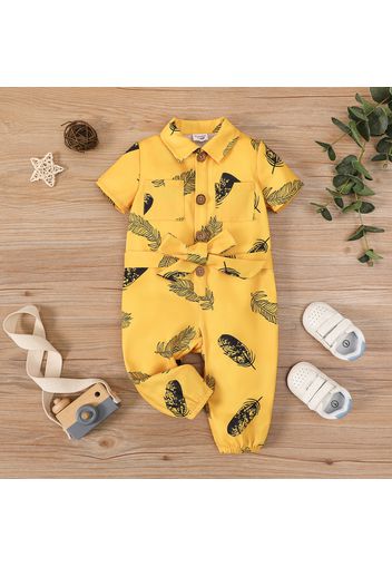 Baby Boy All Over Feather Print Yellow Short-sleeve Button Up Belted Jumpsuit