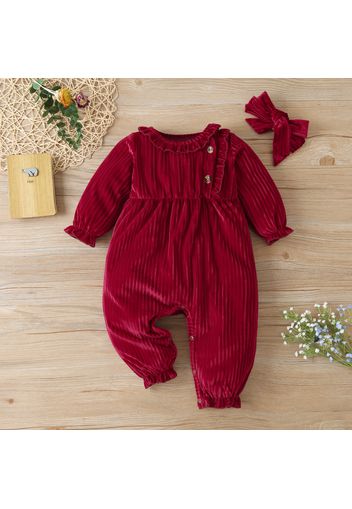 2pcs Solid Ruffle Decor Long-sleeve Baby Jumpsuit