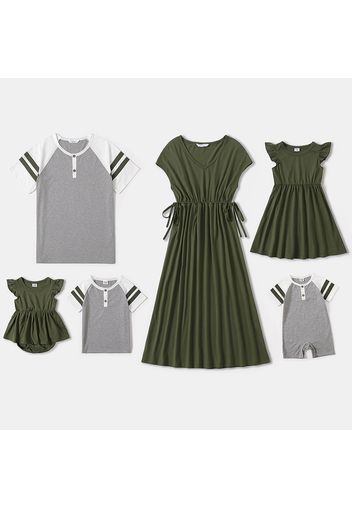 Family Matching Army Green V Neck Drop Shoulder Drawstring Dresses and Raglan-sleeve T-shirts Sets