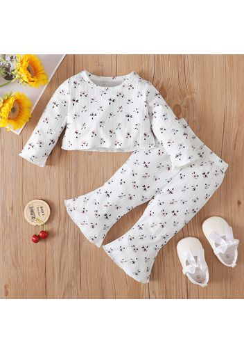 2pcs Baby Girl Floral Print Ribbed Long-sleeve Crop Top and Bell Bottom Pants Set