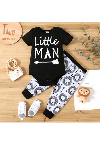 2pcs Baby Boy Letter Print Short-sleeve Romper and All Over Cartoon Lion Print Trousers Set