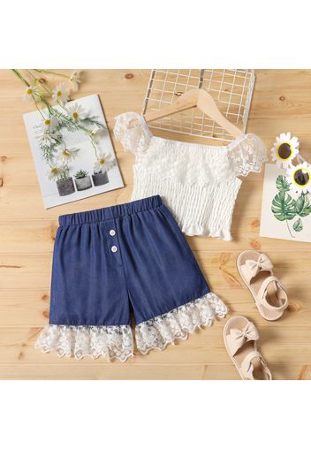 2pcs Kid Girl Lace Deign Smocked White Top and Denim Shorts set