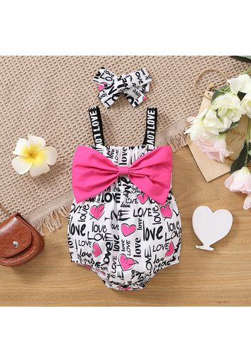 2pcs Baby Girl Bow Front Allover Love Heart & Letter Print Cami Romper with Headband Set