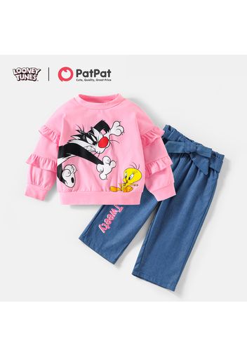 Looney Tunes 2pcs Toddler Girl Ruffled Pink Cotton Sweatshirt and Letter Print Belted Denim Jeans Set