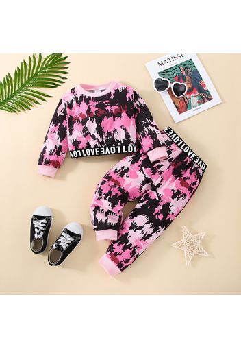 2pcs Toddler Girl Letter Print Tie Dyed Crop Pullover and Pants Set