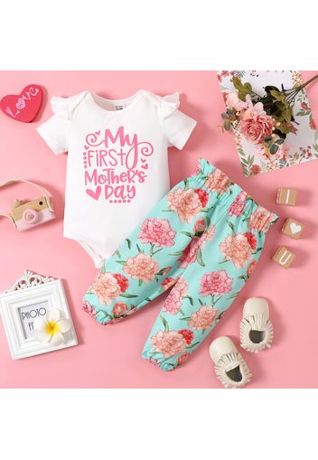 Mother's Day 2pcs Baby Girl Letter Print Ruffle Short-sleeve Romper and All Over Floral Print Trousers Set