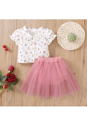 2pcs Baby Girl 100% Cotton Floral Print Peter Pan Collar Puff-sleeve Top and Mesh Shorts Set