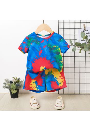 2pcs Toddler Boy Tie Dyed Colorblock Short-sleeve Tee and Elasticized Shorts Set