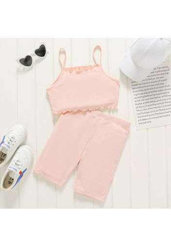 2pcs Kid Girl Ribbed Solid Color Camisole and Shorts Set