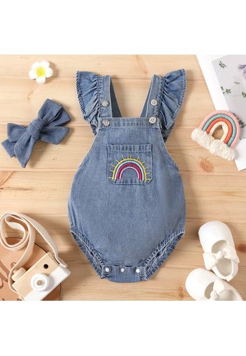 2pcs Baby Girl 95% Cotton Denim Ruffle Rainbow Embroidered Romper with Headband Set