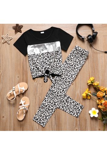 2pcs Kid Girl Leopard Print Tie Dyed Short-sleeve Tee and Leggings Set