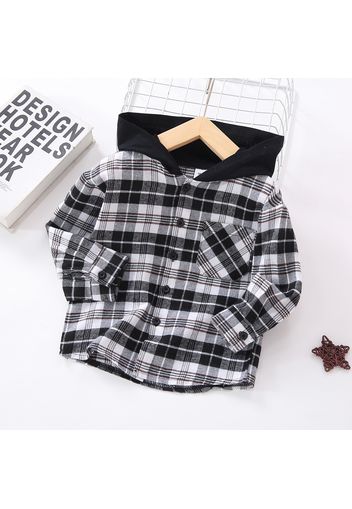 Toddler Boy Button Design Hooded Long-sleeve Plaid Shirt