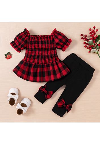 2pcs Baby Girl 100% Cotton Red Plaid Off Shoulder Puff-sleeve Shirred Top and Bowknot Pants Set