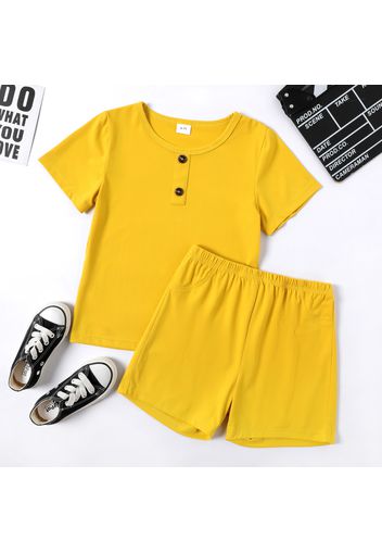 2-piece Kid Boy Button Design Solid Color Short-sleeve Tee and Short Set