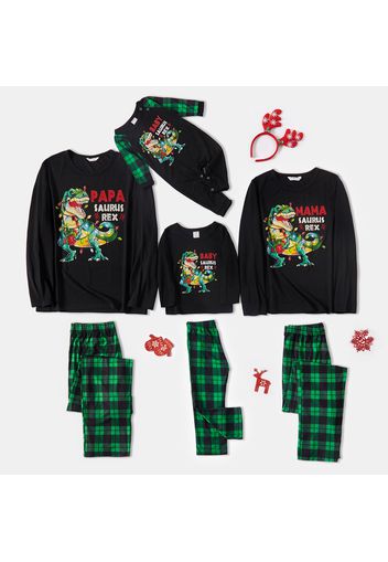 Christmas Dinosaur and Letter Print Family Matching Long-sleeve Plaid Pajamas Set (Flame Resistant)