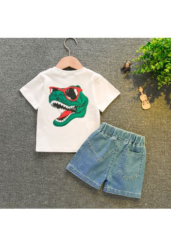 2pcs Baby Boy Cartoon Dinosaur Print Short-sleeve T-shirt and Denim Shorts Set