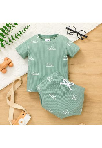 2pcs Baby Boy/Girl All Over Sun Print Ribbed Short-sleeve Top and Shorts Set