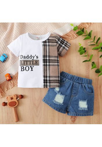 2pcs Baby Boy 95% Cotton Letter Print Plaid Spliced T-shirt and Ripped Denim Shorts Set