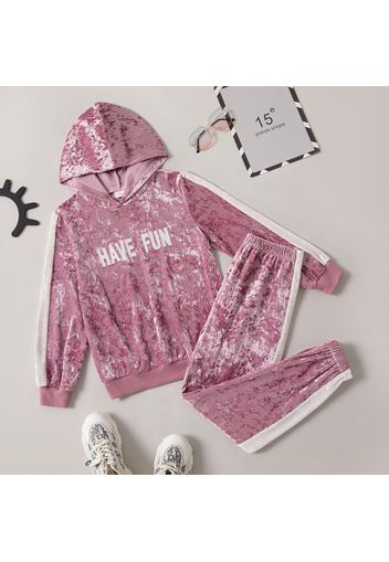 2-piece Kid Girl Letter Print Hoodie and Elasticized Pants Velvet Set