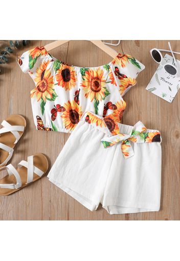 2-piece Kid Girl Floral Print Flutter-sleeve Top anf Belted Elasticized Shorts Set