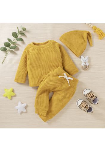 Baby Boy/Girl 3pcs Solid Ribbed Long-sleeve Pullover and Trouser Set