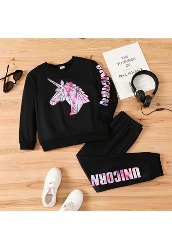 2pcs Kid Girl Animal Unicorn Letter Print Black Pullover Sweatshirt and Pants Set