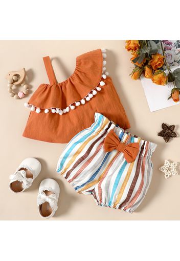 2pcs Baby Girl 100% Cotton Sleeveless Ruffle Pom Poms Top and Striped Shorts Set