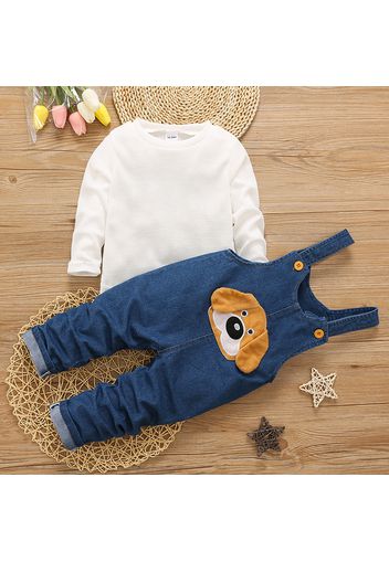 2pcs Toddler Boy Waffle Long-sleeve White Tee and Dog Patch Embroidered Denim Overalls Set