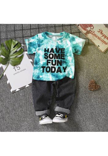 2pcs Toddler Boy Playful Denim Jeans Pants and Letter Print Tie Dyed Tee Set