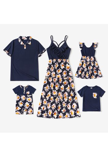 Family Matching Solid Ruffle V Neck Spaghetti Strap Splicing Daisy Floral Print Dresses and Short-sleeve Polo Shirts Sets