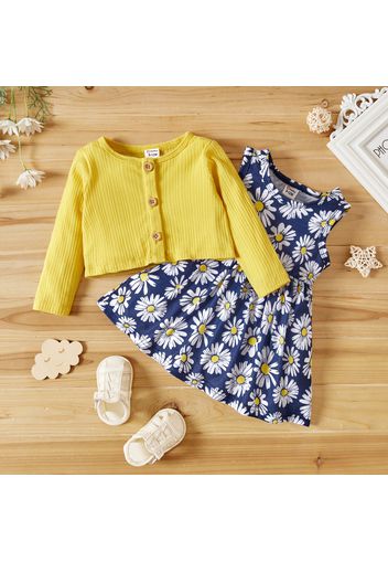 Baby Girl 2pcs Long-sleeve Ribbed Top and Floral Daisy Print Sleeveless Dress Set