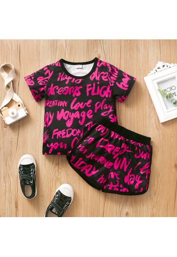 2pcs Toddler Girl 100% Cotton Allover Letter Print Short-sleeve Tee and Elasticized Shorts Set