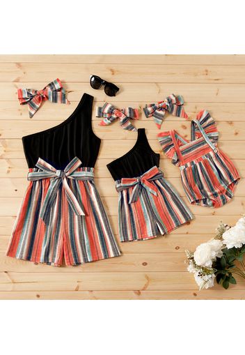 Solid and Striped Splicing One Shoulder Sleeveless Belted Romper for Mom and Me