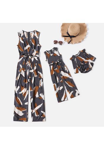 All Over Graffiti Print Grey Sleeveless Belted Jumpsuits for Mom and Me