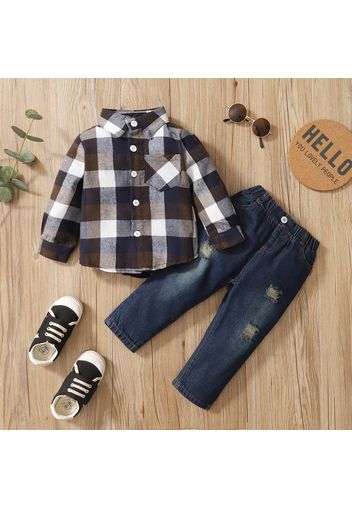 2-piece Toddler Boy Button Design Long-sleeve Plaid Shirt and Ripped Denim Jeans Set